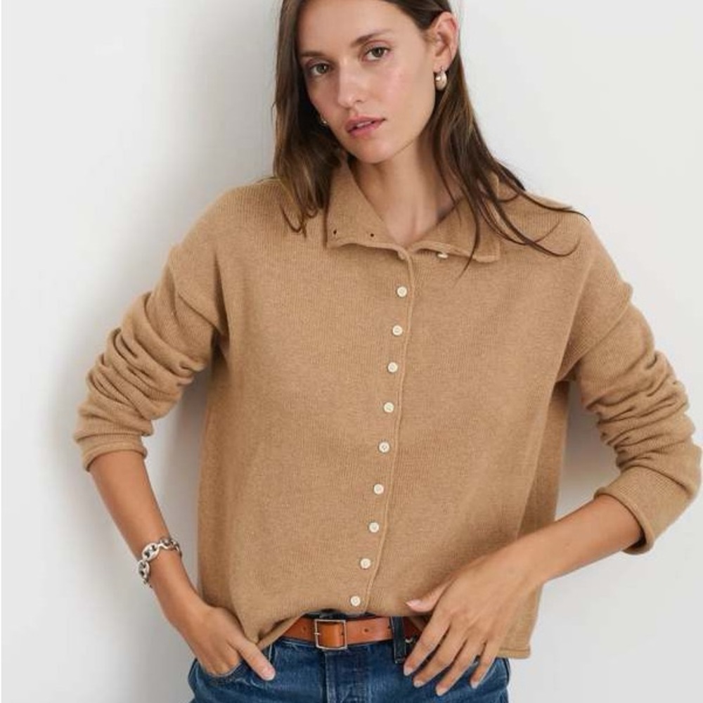 ALEX MILL Taylor Roll Neck Cardigan in Camel
